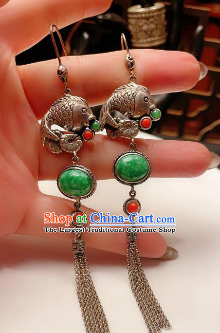 Chinese National Silver Carp Lotus Earrings Traditional Jewelry Handmade Wedding Ear Accessories