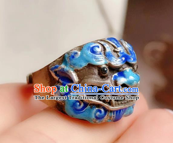 Chinese National Blueing Silver Ring Jewelry Traditional Handmade Accessories Retro Carving Lion Circlet