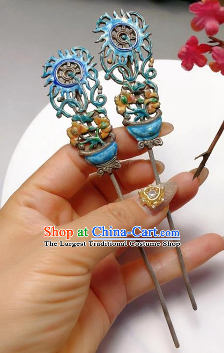 China Classical Blueing Potting Hairpin Traditional Hair Accessories Handmade Qing Dynasty Silver Hair Stick
