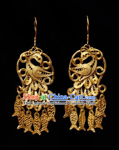 Chinese Ancient Empress Fish Tassel Ear Jewelry Traditional Hanfu Golden Peacock Earrings Accessories