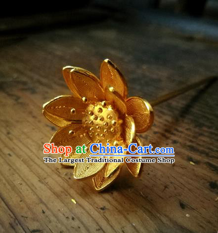 China Handmade Golden Lotus Hair Stick Ming Dynasty Court Lady Hairpin Traditional Hair Accessories