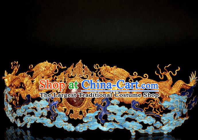 China Traditional Handmade Hair Accessories Ancient Ming Dynasty Empress Golden Dragon Hair Crown