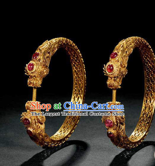 Handmade Chinese Golden Dragon Bracelet Accessories Traditional Wedding Ruby Bangle Jewelry