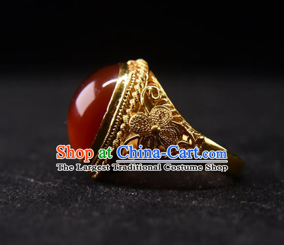 China Ancient Imperial Consort Golden Circlet Jewelry Traditional Qing Dynasty Agate Ring Accessories