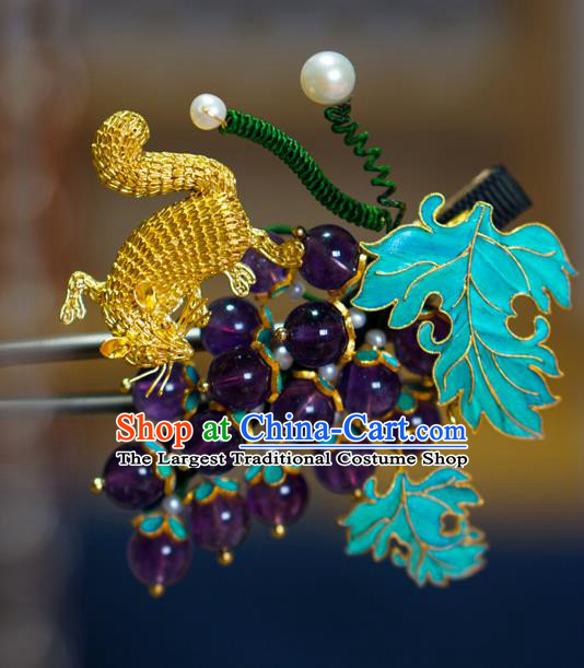 China Qing Dynasty Grape Hairpin Traditional Court Hair Jewelry Ancient Empress Amethyst Hair Stick