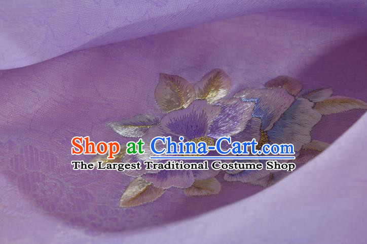 Traditional Korean Hanbok Dress Lilac Silk Fabric Handmade Embroidered Camellia Silk Cloth
