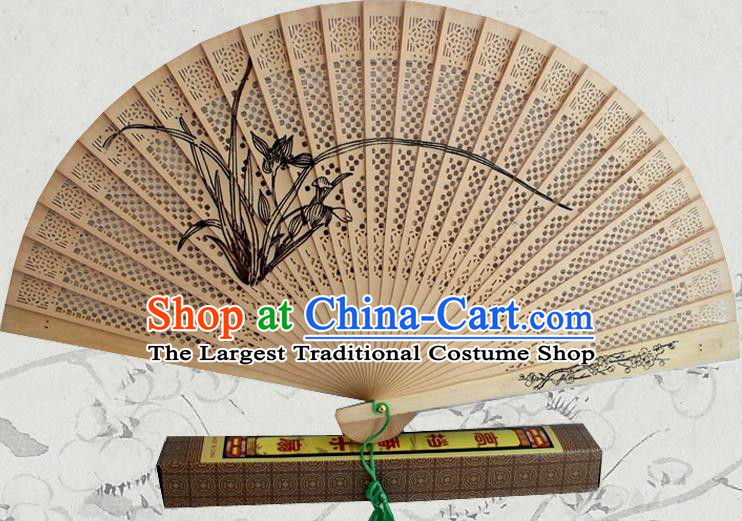 Handmade China Wood Fan Ink Painting Orchids Accordion Traditional Folding Fan