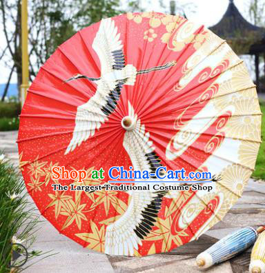 Traditional China Red Paper Umbrella Printing Cranes Oil Paper Umbrella Handmade Umbrellas Artware