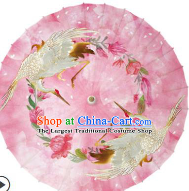 Traditional China Handmade Umbrellas Artware Pink Paper Umbrella Printing Cranes Oil Paper Umbrella