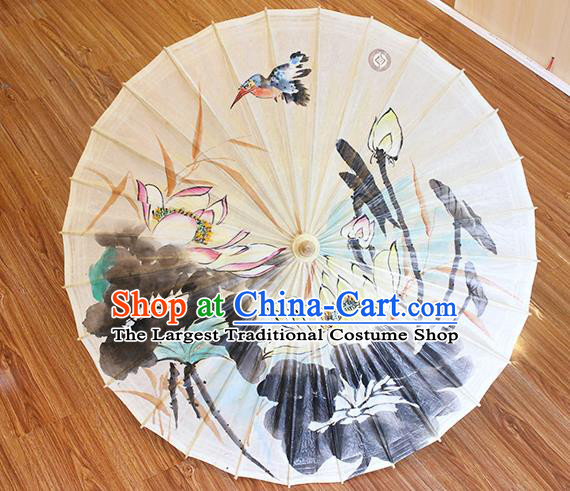 Traditional China Classical Ink Painting Lotus Paper Umbrella Handmade Umbrellas Artware White Oil Paper Umbrella