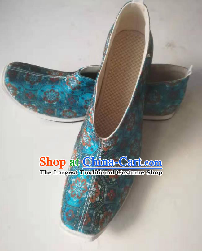 Chinese Traditional Ming Dynasty Strong Cloth Soles Shoes Ancient Scholar Blue Brocade Shoes for Men