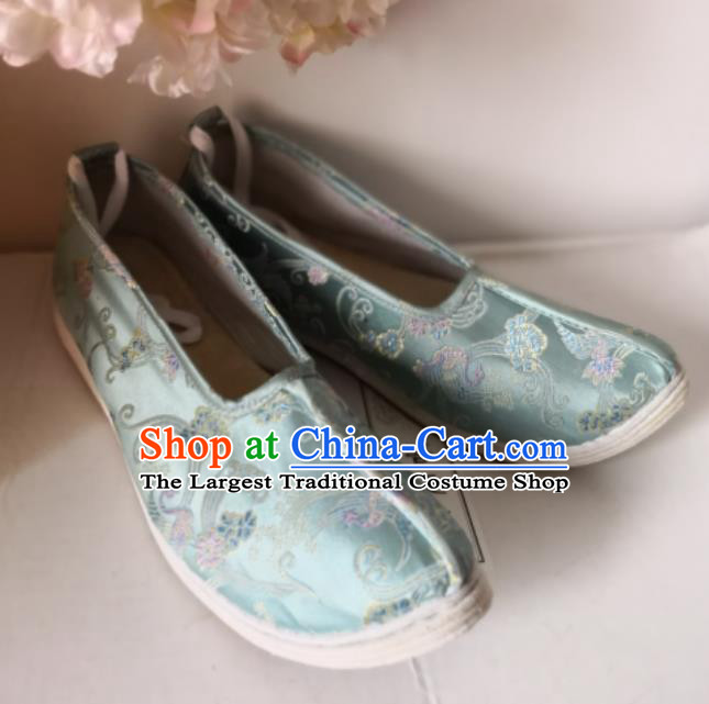 Chinese Traditional Light Blue Hanfu Shoes Wedding Shoes Handmade Classical Peony Pattern Brocade Shoes