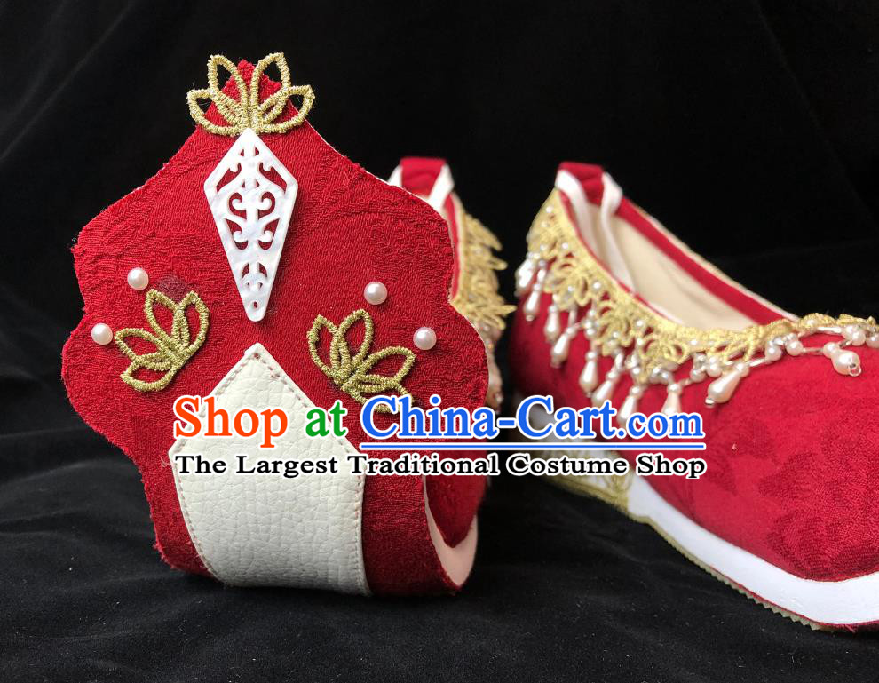 China Ancient Princess Pearls Shoes Classical Wedding Red Cloth Shoes Traditional Tang Dynasty Hanfu Shoes