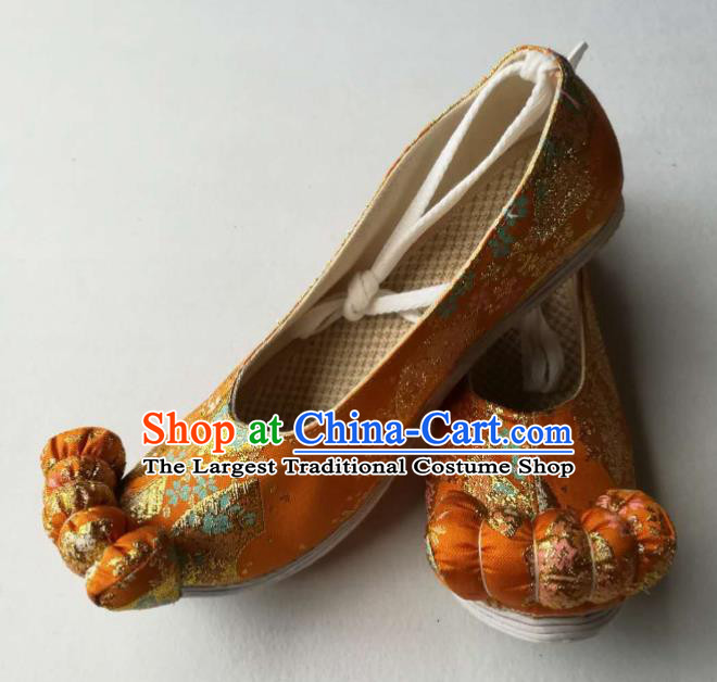 China Classical Brocade Shoes Traditional Song Dynasty Hanfu Shoes Orange Satin Shoes