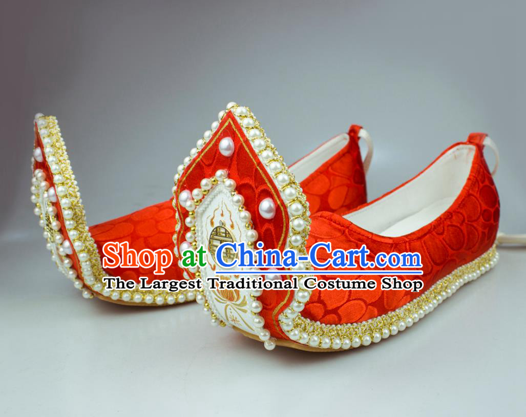 China Classical Wedding Pearls Shoes Red Brocade Hanfu Shoes Traditional Song Dynasty Princess Shoes