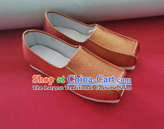 Chinese Handmade Orange Satin Shoes Traditional Song Dynasty Scholar Hanfu Shoes Ancient Official Shoes