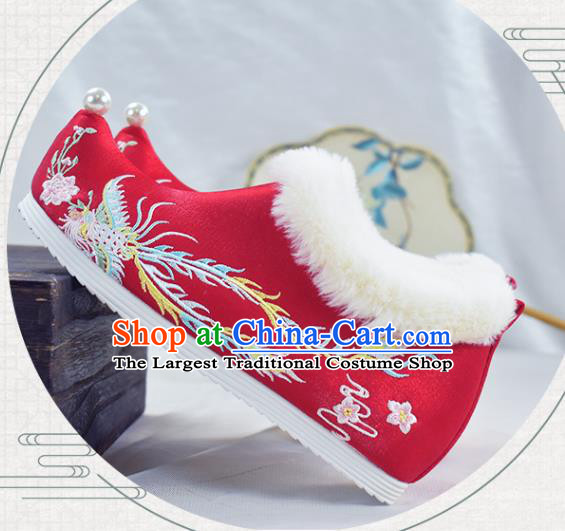 China Traditional Winter Shoes Women Hanfu Shoes National Embroidered Phoenix Shoes Red Cloth Shoes