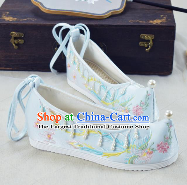China National Beads Tassel Shoes Traditional Women Hanfu Shoes Light Blue Embroidered Shoes