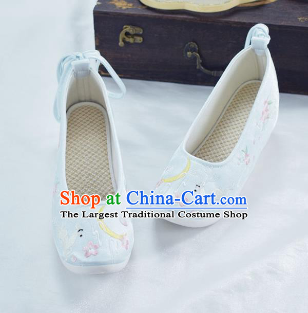 China Women Light Blue Satin Shoes National Shoes Traditional Embroidered Deer Shoes