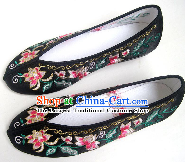 China Embroidered Flowers Shoes National Wedding Shoes Traditional Black Satin Shoes