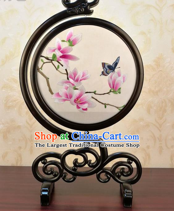 China Embroidery Silk Craft Traditional Embroidered Mangnolia Table Screen Handmade Blackwood Desk Ornament
