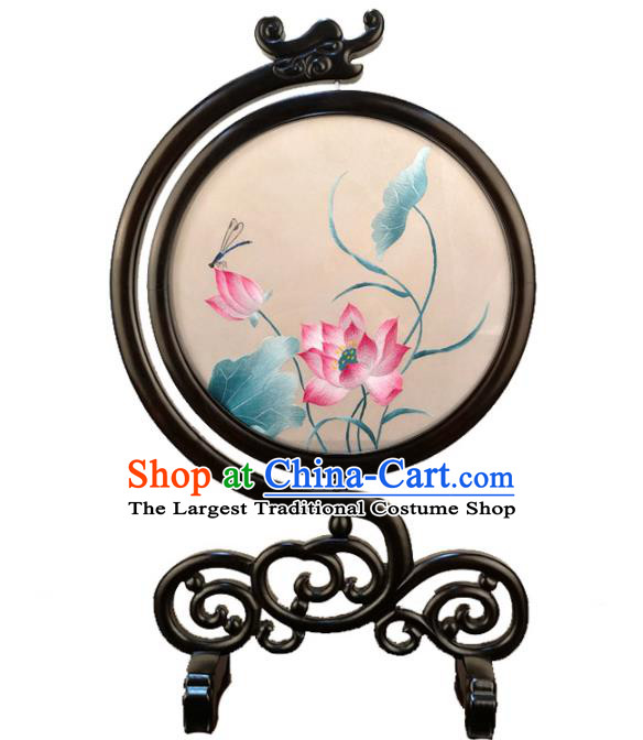 China Traditional Suzhou Embroidered Lotus Table Screen Handmade Carving Blackwood Craft
