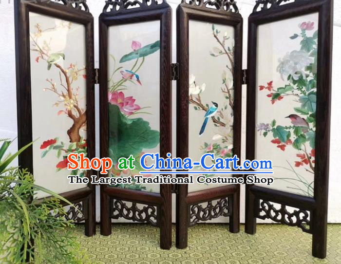 Chinese Handmade Folding Screen Embroidery Flowers Birds Rosewood Desk Ornaments