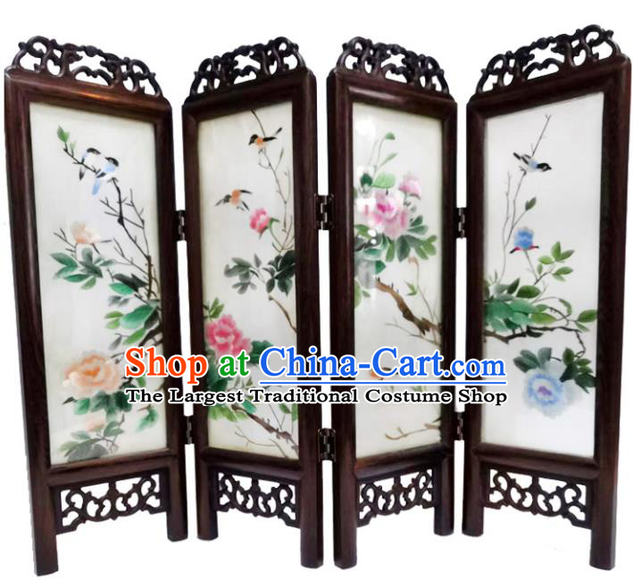 Chinese Embroidery Peony Birds Desk Ornaments Handmade Rosewood Folding Screen
