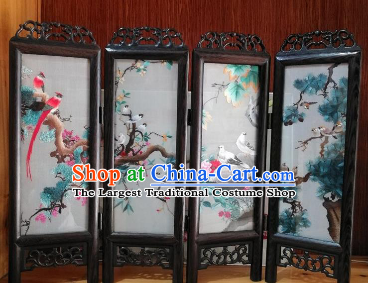 Chinese Suzhou Embroidery Birds Desk Ornaments Handmade Rosewood Folding Screen Craft