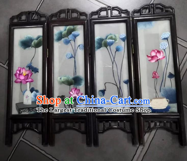 Chinese Handmade Desk Ornaments Rosewood Craft Suzhou Embroidery Lotus Table Folding Screen