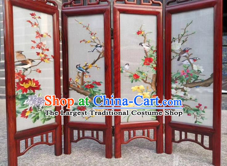 Chinese Handmade Desk Ornaments Rosewood Folding Screen Double Side Embroidery Flowers Birds Table Screen Craft