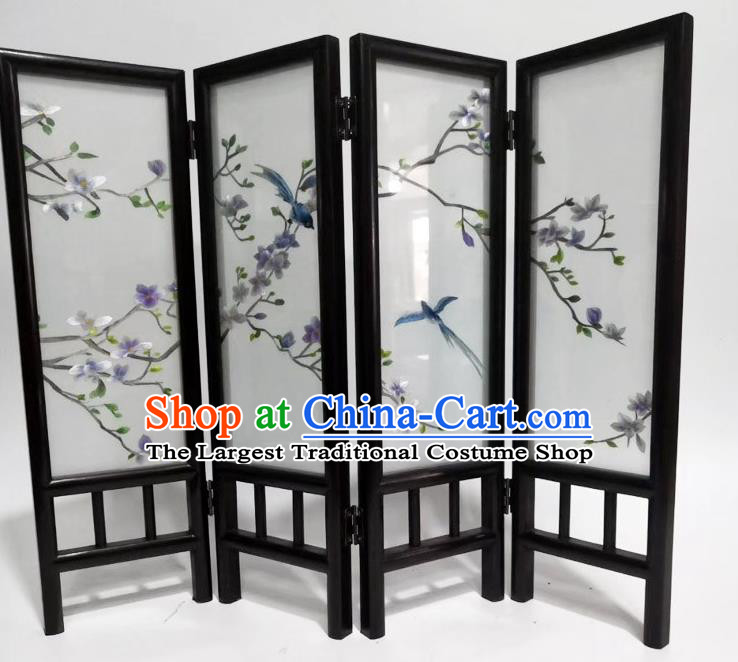 Chinese Blackwood Folding Screen Handmade Desk Decoration Suzhou Embroidery Purple Mangnolia Table Screen