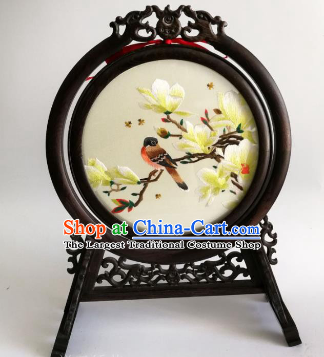 China Handmade Wenge Carving Dragon Desk Screen Traditional Double Side Embroidered Yellow Mangnolia Table Screen Artware