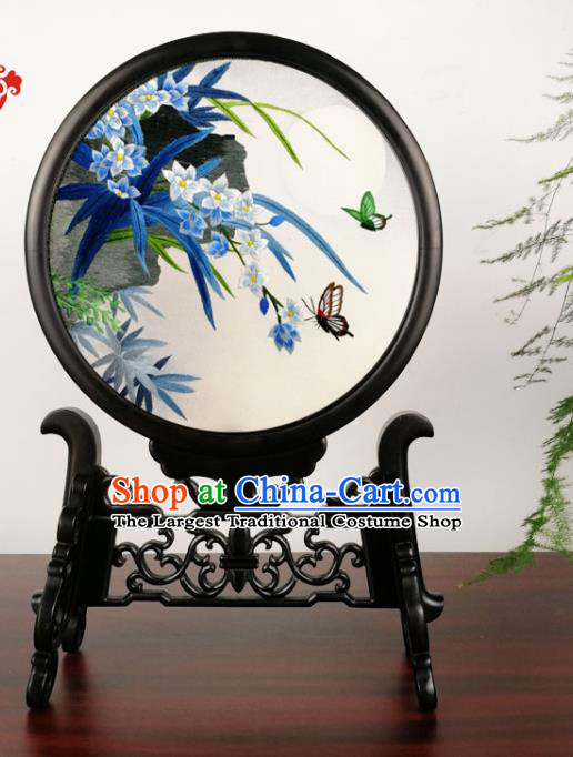 China Handmade Blackwood Decoration Traditional Double Side Silk Screen Suzhou Embroidery Orchids Table Screen