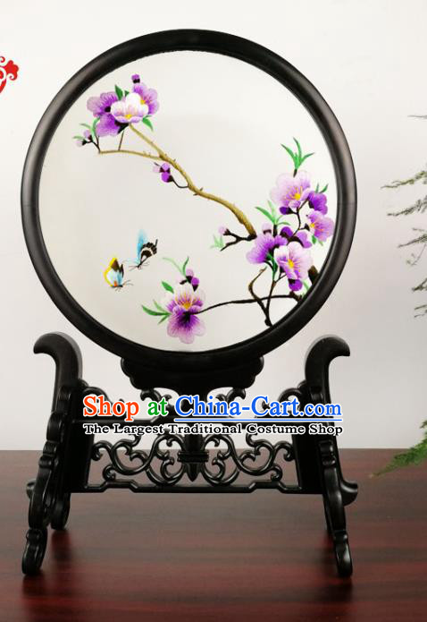 China Suzhou Embroidery Plum Blossom Double Side Screen Handmade Blackwood Carving Table Screen