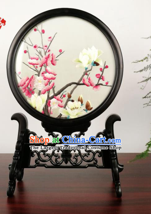 China Handmade Embroidered Mangnolia Plum Table Screen Traditional Double Side Embroidery Desk Screen