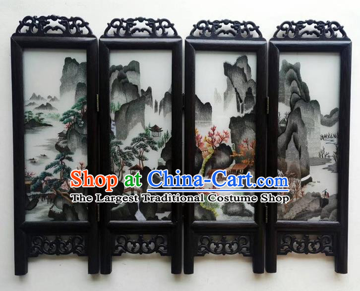 Chinese Suzhou Embroidery Landscape Table Screen Handmade Wenge Folding Screen