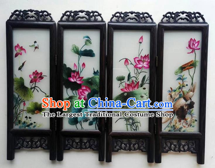 Chinese Double Side Embroidery Lotus Table Screen Handmade Wenge Byobu Folding Screen