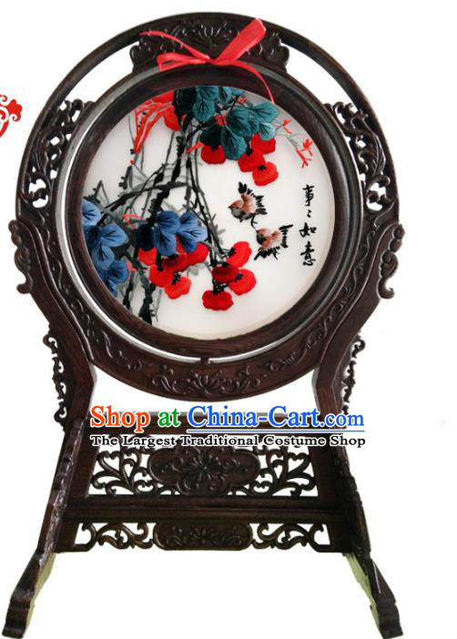 China Suzhou Double Side Embroidery Craft Handmade Wenge Table Ornament Embroidered Persimmons Desk Screen