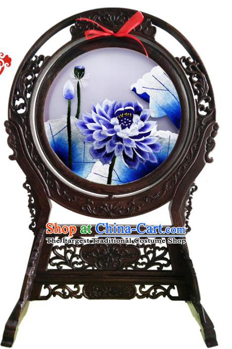 China Suzhou Embroidery Craft Handmade Wenge Table Ornament Embroidered Lotus Desk Screen