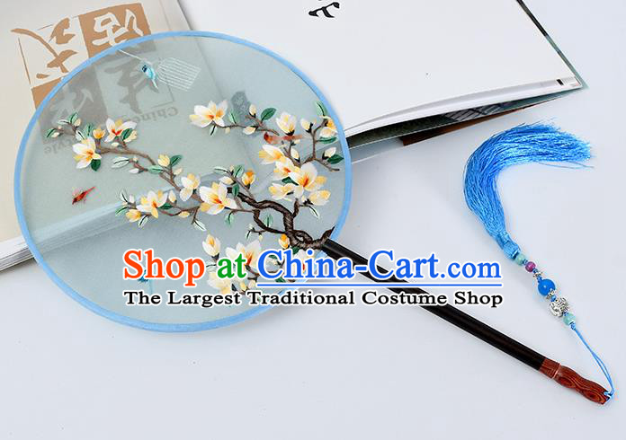 China Handmade Palace Fan Classical Dance Blue Silk Fan Traditional Suzhou Embroidered Mangnolia Circular Fan