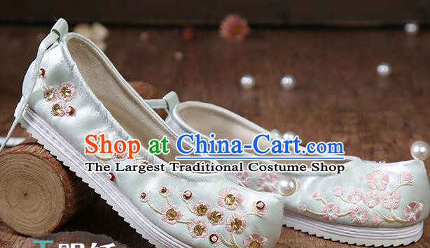 China Embroidered Sequins Shoes Ancient Ming Dynasty Princess Shoes Traditional Hanfu Light Green Satin Shoes