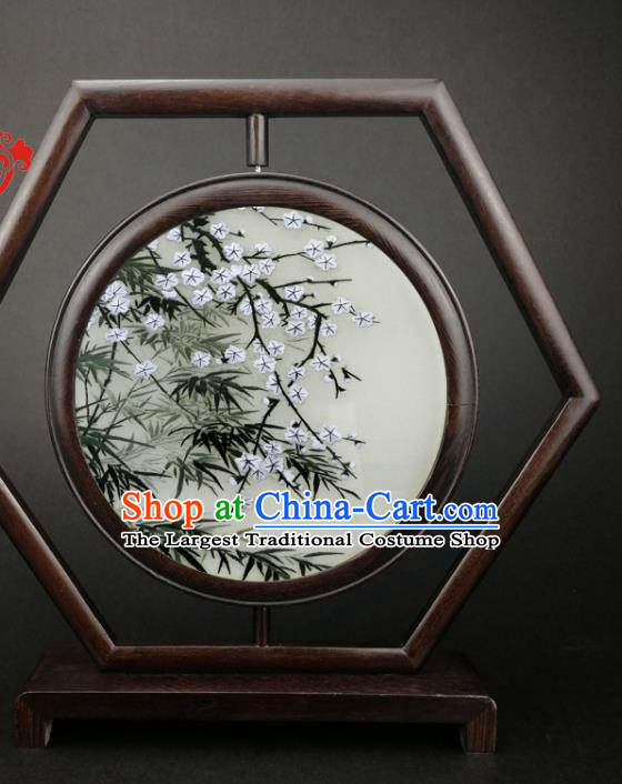 China Handmade Embroidery Plum Bamboo Desk Screen Traditional Furniture Wenge Hexagon Table Screen