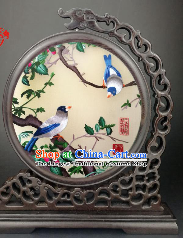 Chinese Handmade Double Side Beige Silk Screen Suzhou Embroidered Table Screen Traditional Wenge Screen