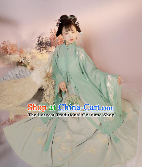 China Traditional Ming Dynasty Noble Lady Historical Clothing Ancient Young Beauty Green Hanfu Dress Costumes
