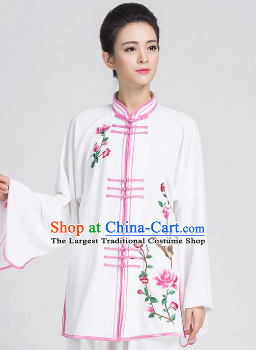 China Tai Chi Competition Costume Traditional Kung Fu Embroidered Flowers White Outfits