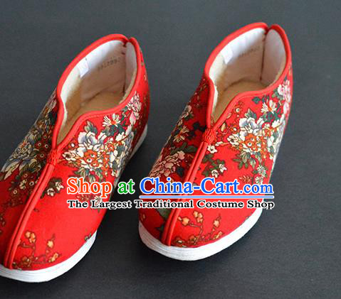 China Traditional Printing Peony Red Cloth Shoes National Winter Cotton Padded Shoes Elderly Female Shoes