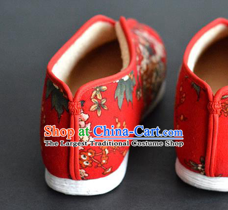 China Traditional Printing Peony Red Cloth Shoes National Winter Cotton Padded Shoes Elderly Female Shoes