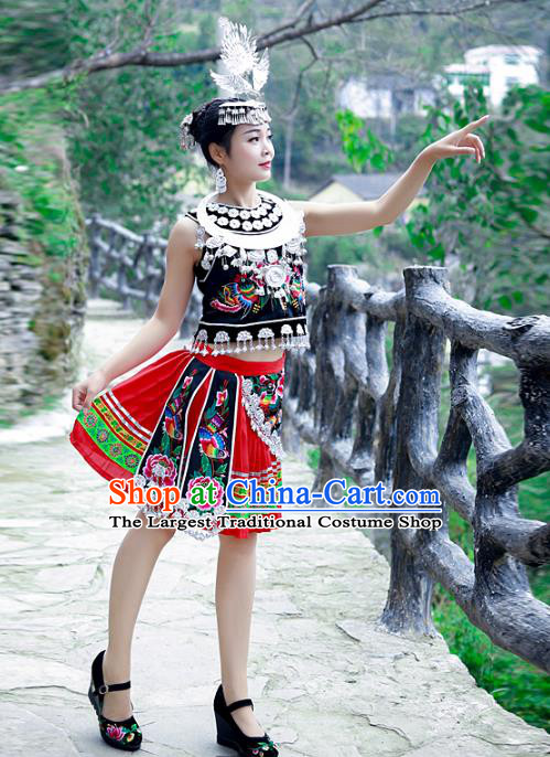 Chinese Hmong Ethnic Female Folk Dance Outfits Miao Nationality Stage Performance Clothing and Hair Accessories