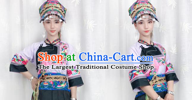 Chinese Yi Nationality Dress Stage Show Clothing Ethnic Woman Informal Pink Outfits Costumes and Headwear
